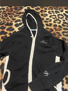 Vintage y2k Mudd Black Hooded Zip Cardigan with Cream Trim